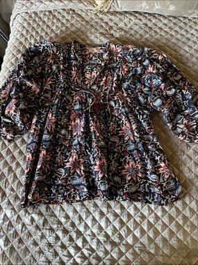 Mille Floral Peasant Tunic Top - Black with Multicolor Print